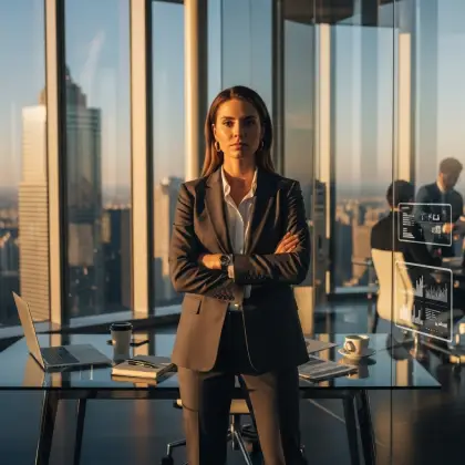 A woman seated At a desk, surrounded by papers and a laptop, representing women's significant role in the global workforce.